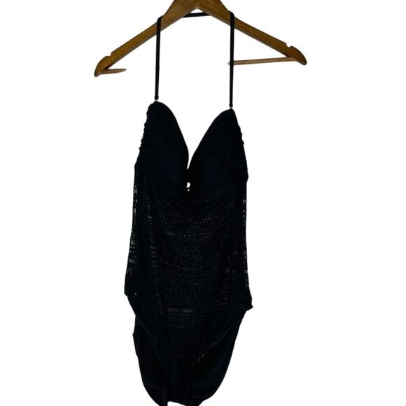 Ralph Lauren 14 Crochet Lace Overlay One Piece Swimsuit Black Textured Retro - Picture 1 of 6